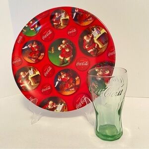 Coca Cola Santa 9" Plate & Green Mini Fountain Glass Set